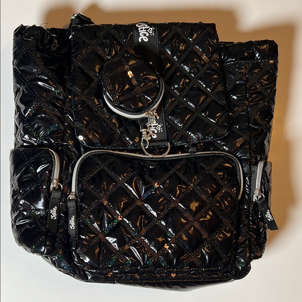 Justice Shiny Black Quilted Backpack